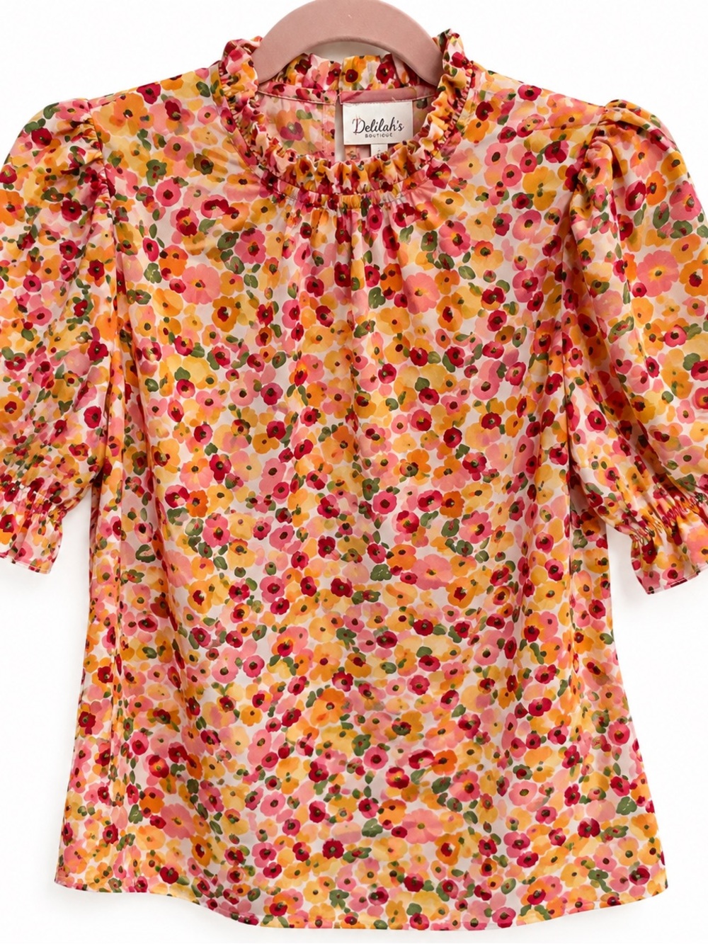 Delilah’s Boutique Floral Ruffle Puff Sleeve Blouse Pink Small